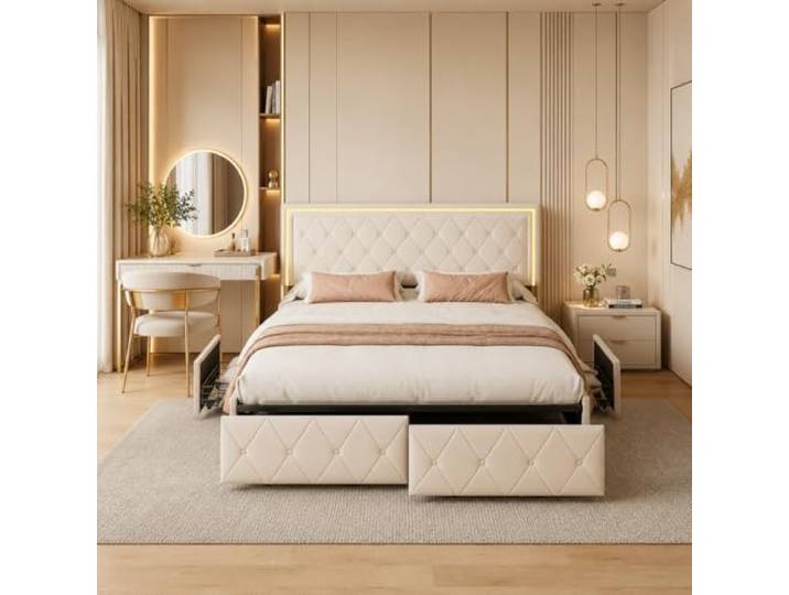JiaOyu Polsterbett Doppelbett 160x200cm – Stilvolles Bettgestell mit LED-Beleuchtung, 4 großen Schubladen und stabilem Metallrahmen, perfekt für Moderne Schlafzimmer, ohne Matratze (Weiß, 160x200cm)