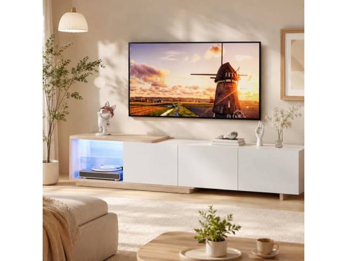 OLIVIBED Eleganz TV Lowboard, TV Schrank mit Schubladen und Offenes Fach, Fernsehschrank mit Praktischer Stauraum, Modernes Fernsehtisch Wohnzimmer und Schlafzimmer, 240x38x44cm, Weiß