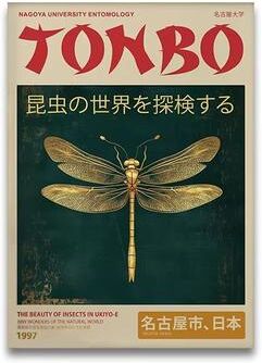 Inspired Finds Vintage Japanese Tiger Cat Music Canvas Poster Retro Record Player Wall Art tonbo Entomology Art 8.27x11.81in Unframed