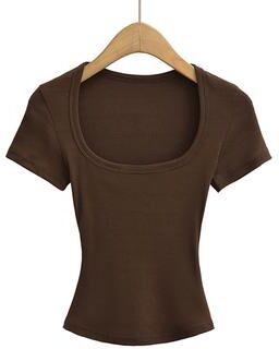 Handpicked Choices Slim Fit Square Neck Crop Top For Women's Stretch Summer Tee l caramel