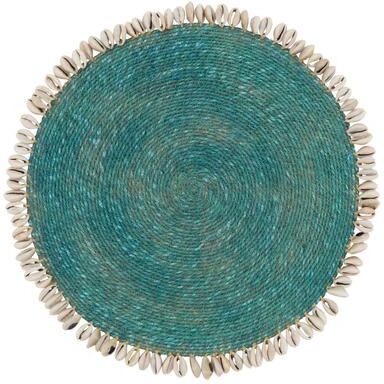 Saro Cowrie Shell Seagrass Placemats (Set of 4) - Nautical Placemats for Coastal Dining and Beach House Tables