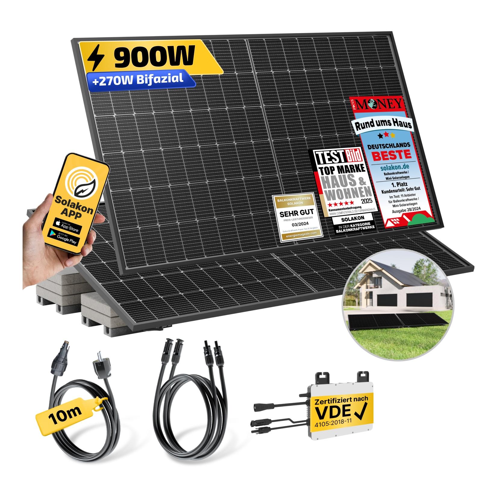 Balkonkraftwerk 900W/800W Solaranlage mit Garten Halterung Steckerfertig WIFI Komplettset Photovoltaik Anlage 800W, Kabellänge: 10m
