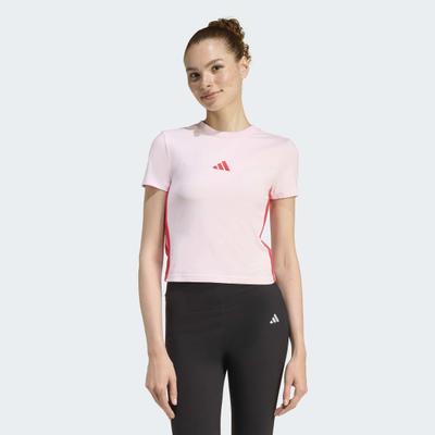 T-Shirt ADIDAS SPORTSWEAR "ESSENTIALS 3-STREIFEN SLIM BABY", Damen, Gr. L, rosa (clear pink, pure ruby), Obermaterial: 93% Baumwolle, 7% Elasthan, Rundhals, Shirts T-Shirt, schmale Passform, Rundhalsausschnitt, mit Elasthan-Anteil