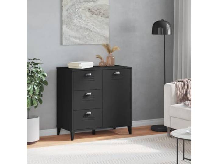 KTHLBRH Sideboard VIKEN Schwarz 80 x 40 x 80 cm Holz mehrschichtig 3 Schubladen und 1 Tür, 4 Kunststoffgriffe, Industrie-Design, großer Stauraum, glatte Oberfläche