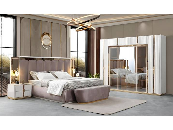 JVmoebel Schlafzimmer-Set Exklusives Doppelbett mit Nachttischen und Glasschrank, (4-tlg)