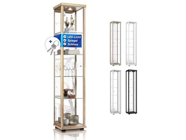 K-Möbel Sammlervitrine (176x37x33cm) - Made in Germany - Vitrinenschrank Buche mit 4 höhenverstellbaren Glasböden, Spiegel, Schloss & LED - Glasvitrine Stehend - Display Cabinet