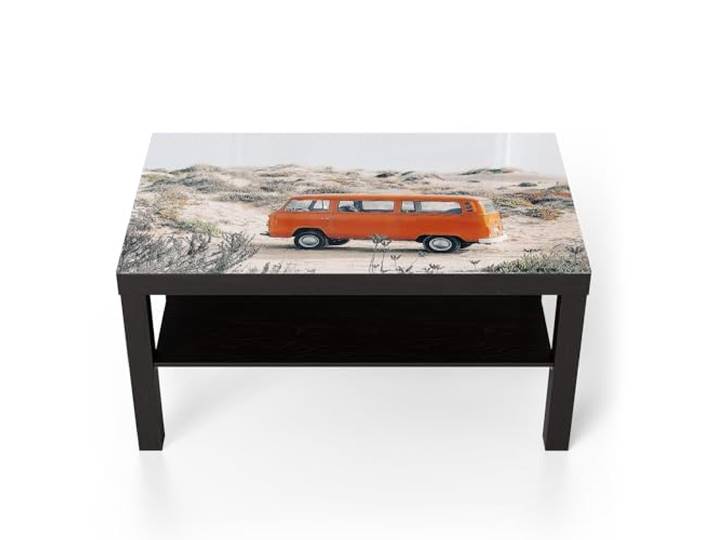 DEQORI Glastisch schwarz groß 90x50 cm Motiv Küstenabenteuer im VW ausgefallener Beistelltisch aus Glas Hochglanz Couchtisch fürs Wohnzimmer moderner Couch Tisch mit Design
