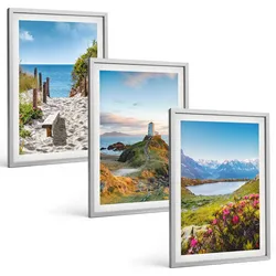 BILDER SET 3er Set - 40x60 cm Silberner Rahmen - Strand, Leuchtturm, Berge, Blumen