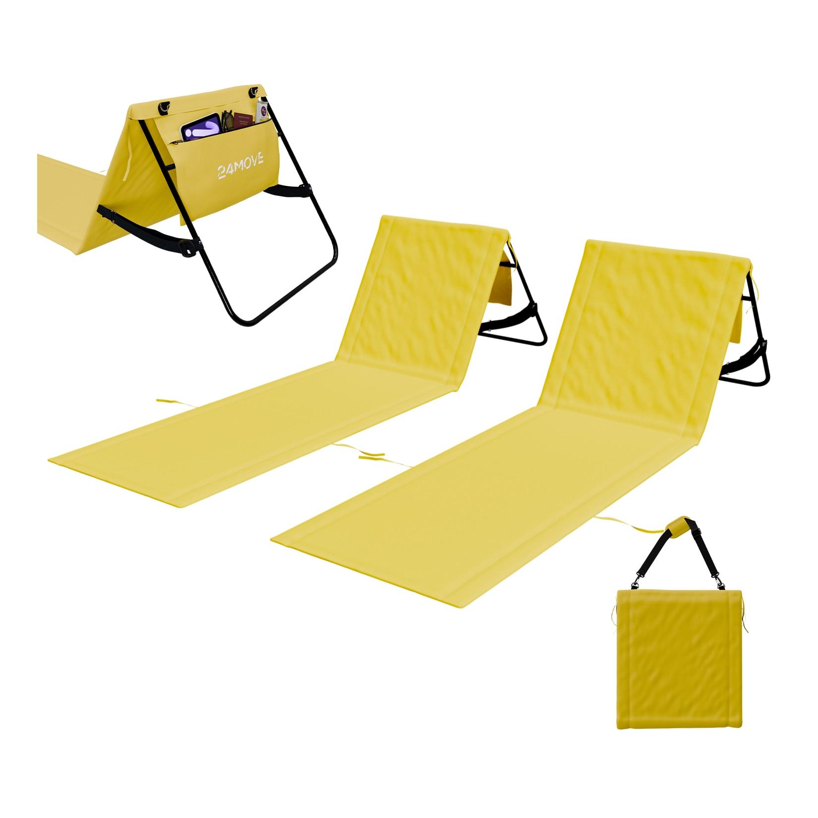 24MOVE® Strandmatte 2er Set klappbar mit Rückenlehne, Strandliege mit Gurt, tragbar für Strand und Garten, Liegematte gelb