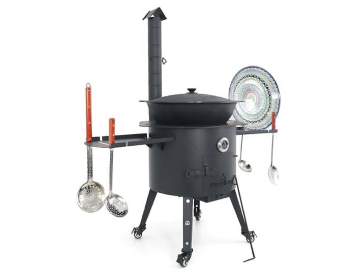 Premium Utschak Usbekisch Kazan Set Ø 49cm - 22L Gusseisen Kasan Feuerofen fahrbar mit Kamin & Thermometer, Rischtan Lagan Servierteller, 2 Seitentische, Ofenplatte