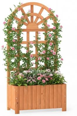 Costway Wooden Raised Garden Bed with Trellis 48 Inch Outdoor Screen-Brown