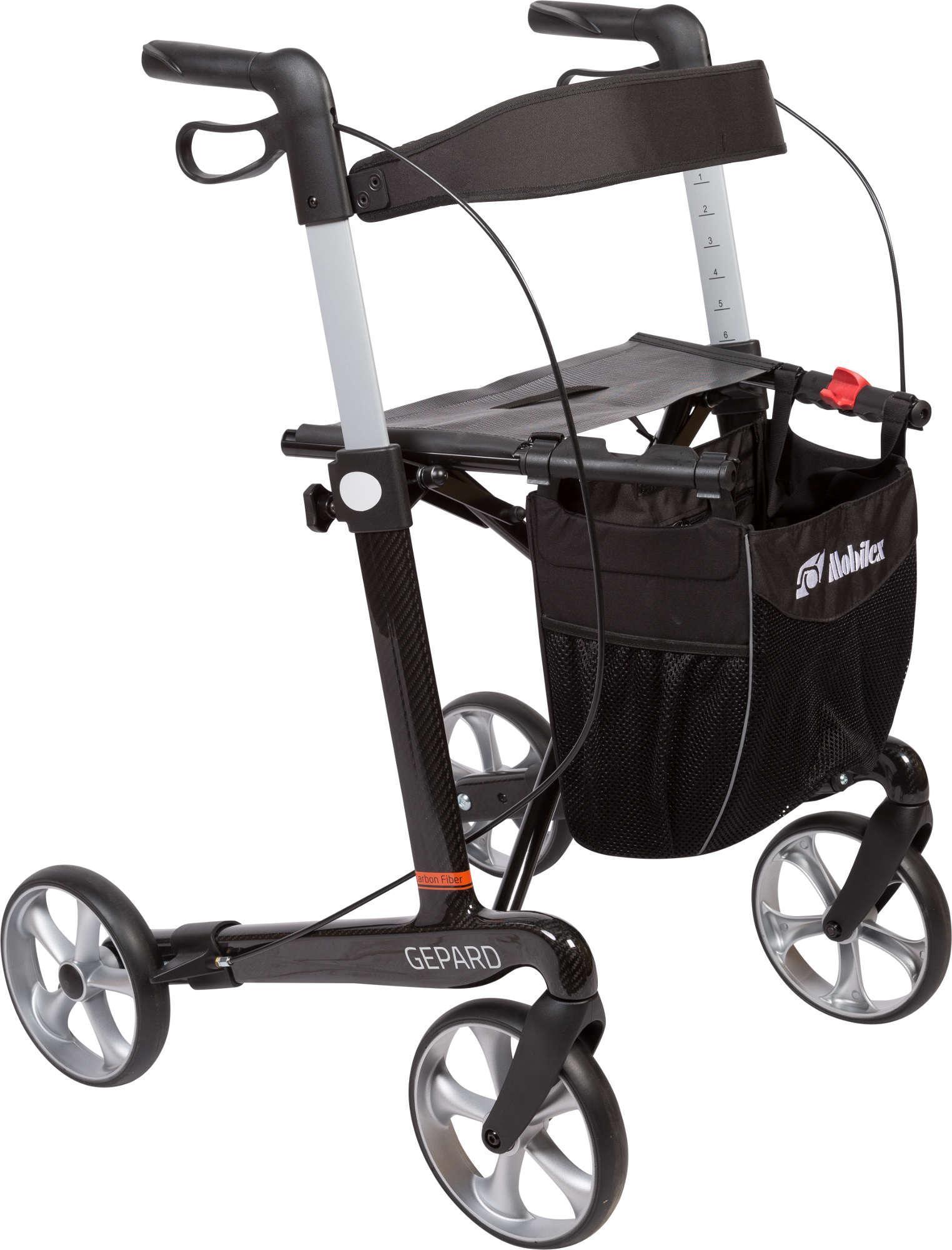 FabaCare XXL Rollator Gepard mit Softrädern, Premium Leichtgewichtrollator aus Carbon, faltbar, mit Vollausstattung, bis 200 kg, Sitzhöhe 62 cm