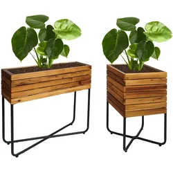 2er-Set Pflanzkasten HWC-L25, Blumenkasten, rechteckig quadratisch Outdoor Stahl Akazie Holz FSC®-zertifiziert, braun