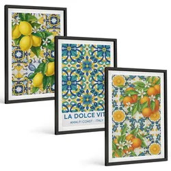 BILDER SET 3er Set - 40x60 cm Schwarzer Rahmen - Zitronen, Orangen, Blumen, Italien