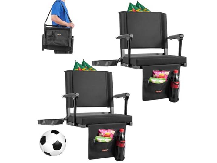 VEVOR Siège de stade pliable\, 2 pcs\, chaise de gradin avec accoudoir\, support dorsal et coussin épais\, chaise de stade rembourré avec bandoulière\, crochets\, porte-gobelet\, pour événement sportif\, noir