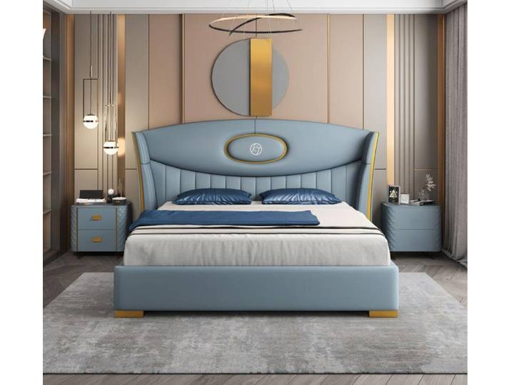 JVmoebel Polsterbett Elegantes Polstermöbel in Blau mit goldenen Edelstahlfüßen (Bett), Made in Europa