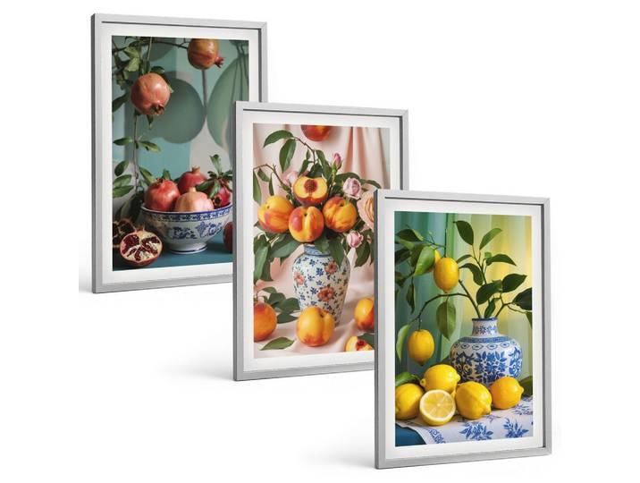 BILDER SET 3er Set - 40x60 cm Silberner Rahmen - Granatäpfel, Pfirsiche, Zitronen