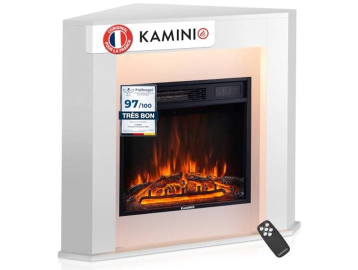 KAMINIO® Matti Angle Blanche Cheminée électrique à Poser Cheminée décorative chauffante avec effet de flamme\, manteau\, feu 3D\, LED d'ambiance\, thermostat\, minuterie\, télécommande