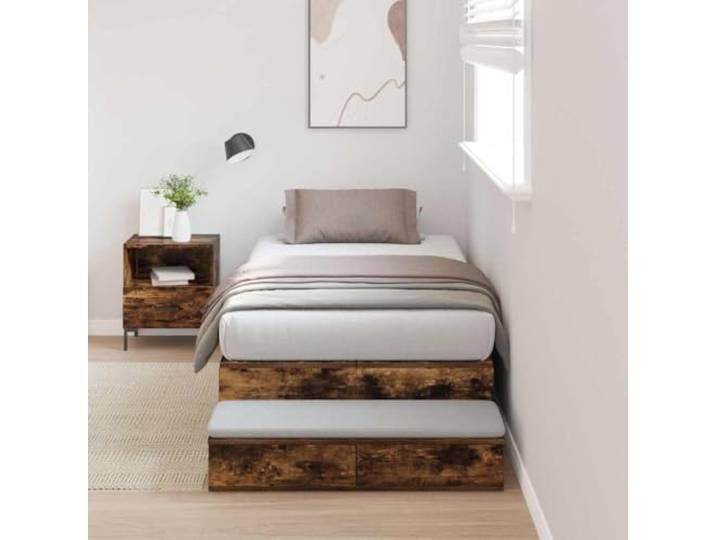 Kiefernholz Stauraum Bett Modern Geräucherte Eiche 90 cm Braun Aufbewahrungsbettgestell Geräucherte Eiche 90 cm Holzwerkstoff mit 2 Schubladen Stabil Stauraum Bettrahmen Ohne Boxspring für