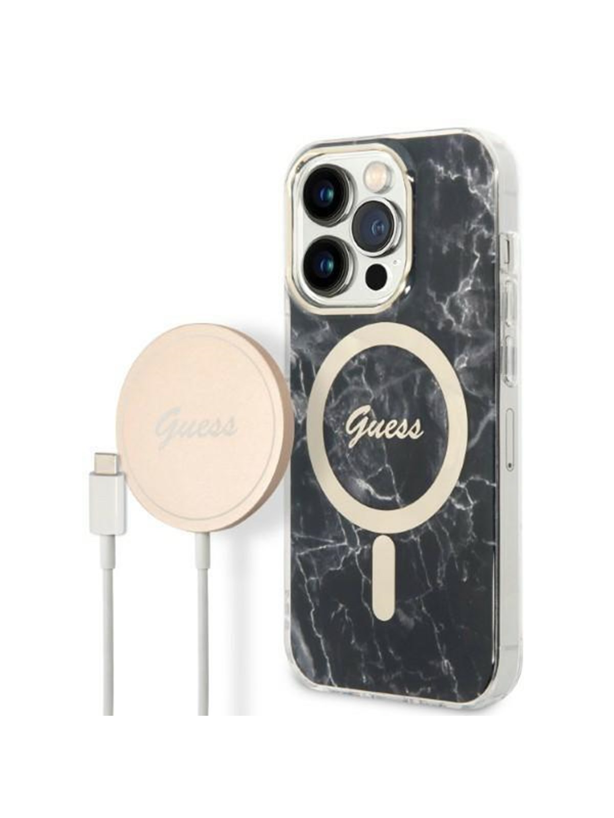 GUESS GUBPP14LHMEACSK Case+ Charger iPhone 14 Pro 6.1" black/black hard case Marble MagSafe