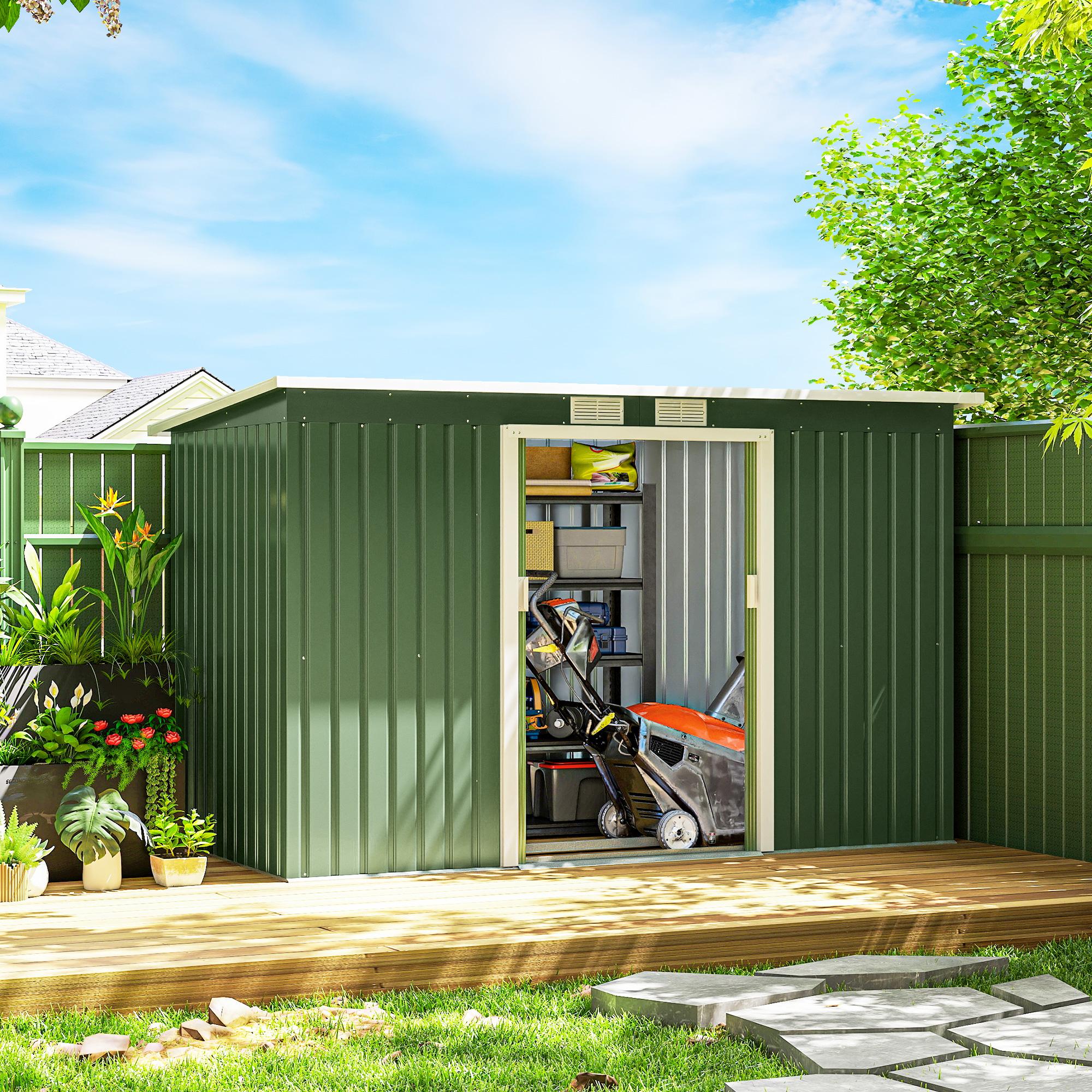 Gerätehaus Metall Pultdach Schiebetür, Geräteschuppen Stahl wetterfest, Gartenschuppen Hellgrün | 280x130x172 cm | 6,3 m³ | verzinktes Stahlblech
