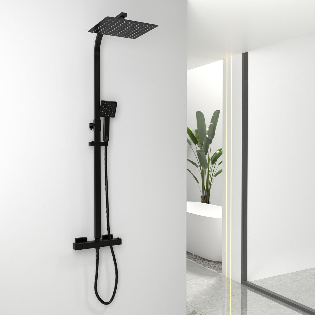 Belfry Bathroom Black Thermostatic Shower Mixer Set Square Shower Kit 10 Inch Stainless Steel Overhead Shower Brass 38°C Thermostatic Valve Matte Black 120cm H X 25cm W X 100cm L