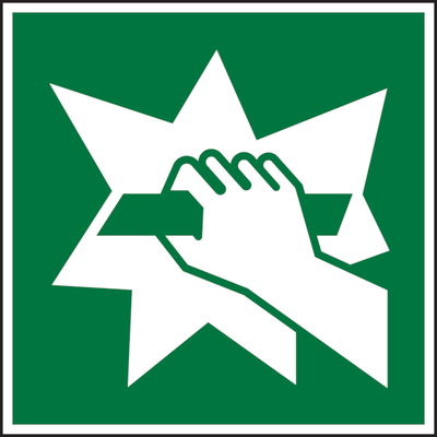 Rettungszeichen, Zerschlagen für Notausstieg E008 - ASR A1.3 (DIN EN ISO 7010) - 100x100 mm Folie selbstklebend, nachleuchtend