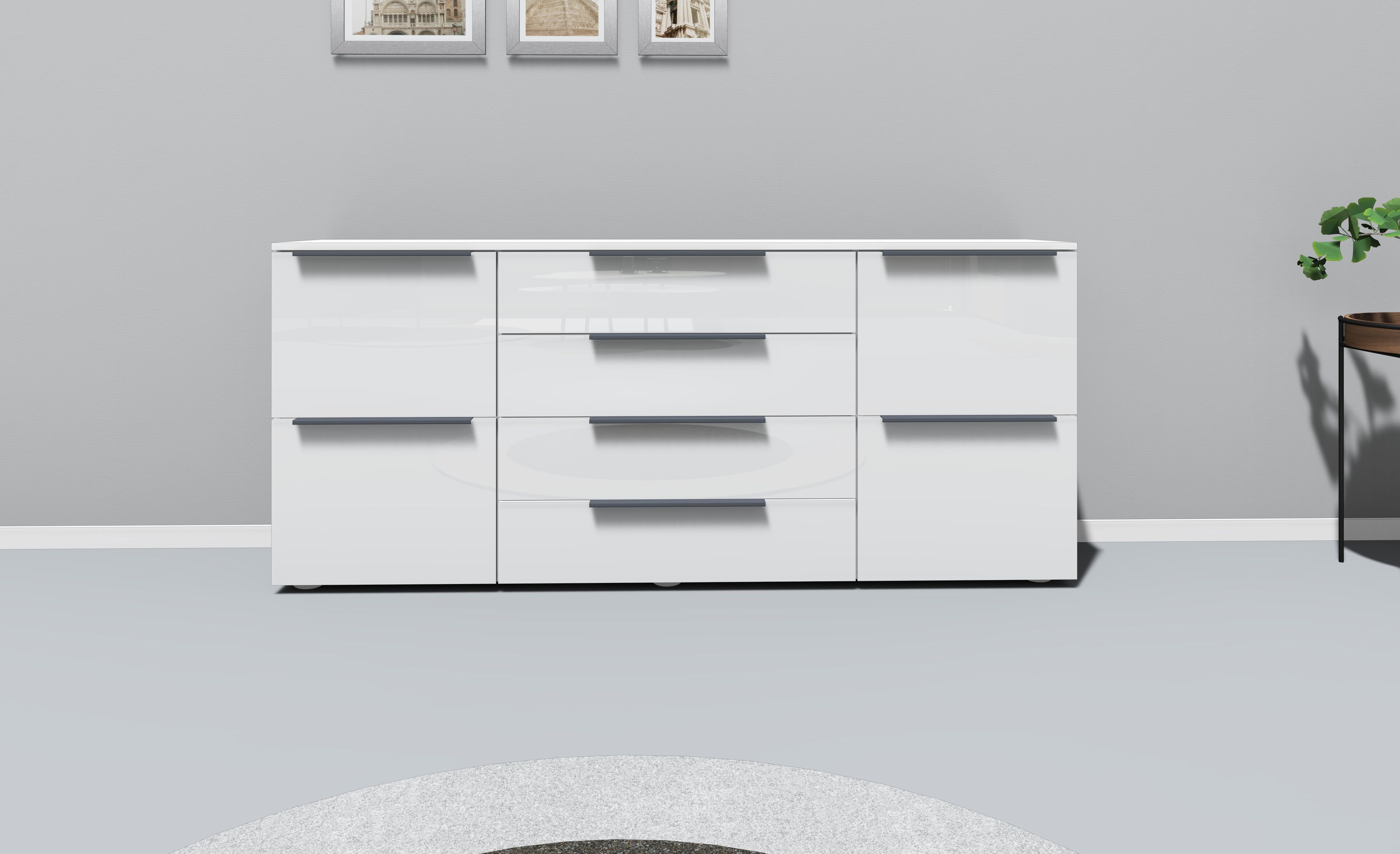 Sideboard BORCHARDT MÖBEL "Tom", weiss (weiß, hochglanz), B:166cm H:72cm T:35cm, Holzwerkstoff, Sideboards, Sideboard, Breite 166 cm, verstellbare Einlegeböden, lackierte Alu-Profilgriffe weiß, hochglanz B/H/T: 166cm x 72cm x 35cm, 4 Stk., 4 Stk.