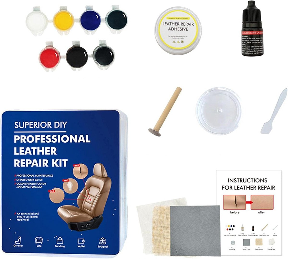 Leather Care Kit Care & Protect voor autostoelen, banken en leren jassen met 7 kleuren leerreparatie