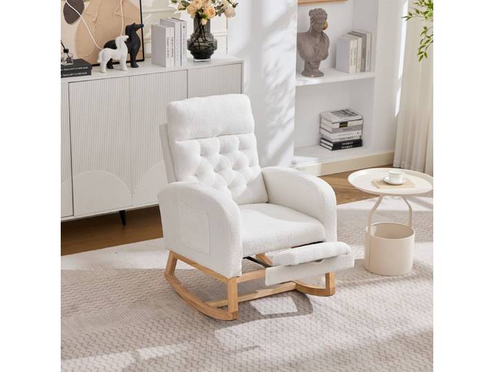 Zitty Fauteuil à Bascule Allaitement avec Repose-Pieds et Poches 65.6x123x102cm Tissu Bouclette Blanc