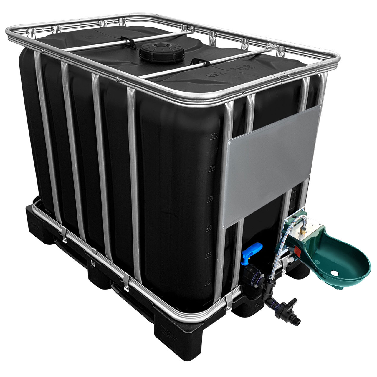 REKUBIK 600l IBC Wassertank in SCHWARZ mit Tränkebecken auf PE-Palette NEU