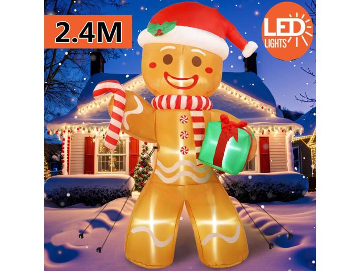 Homme en pain d'épice gonflable de noël de 8 pieds/2.4M avec le paquet cadeau décorations extérieures décorations de cour de noël avec des lumières LED pour la pelouse