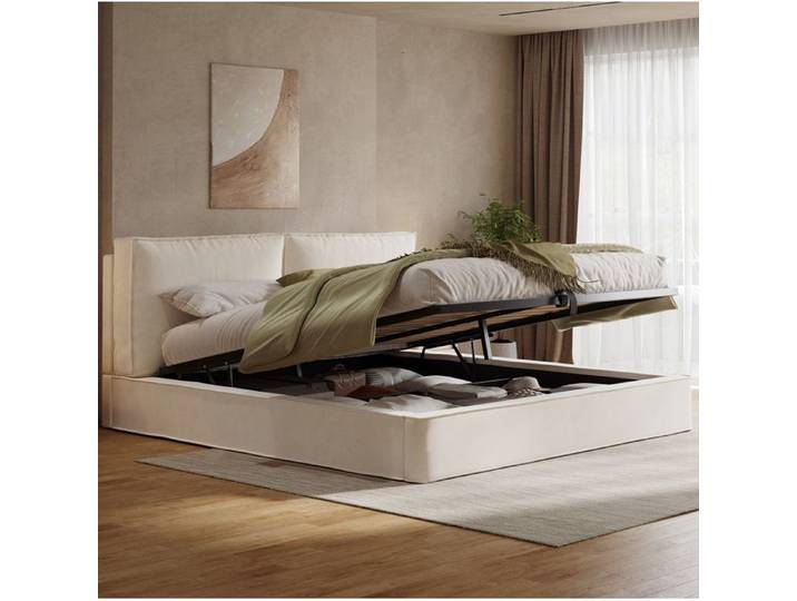 WUVRIE Lit coffre hydraulique 180 x 200 cm en velours beige avec sommier à lattes et tête de lit rembourrée
