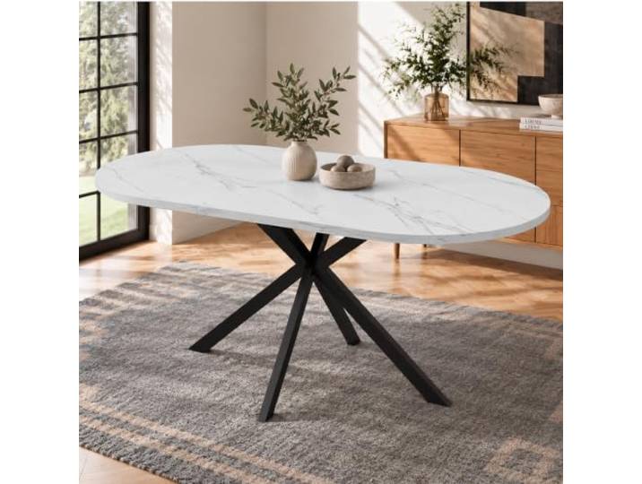 Elaimoros Ausziehbarer Esstisch, 160/120 * 80 cm, geeignet für 4-6 Personen, ovale Tischplatte, Metallbeine, minimalistischer Stil, geeignet für Esszimmer, Küche und Wohnzimmer, Weiß