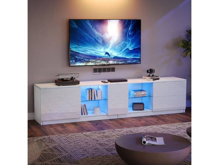 Meuble TV VIVRYN Blanc Brillant - LED USB 2 Tiroirs 1 Porte Verre Trempé MDF 160 x 40 x 52 cm