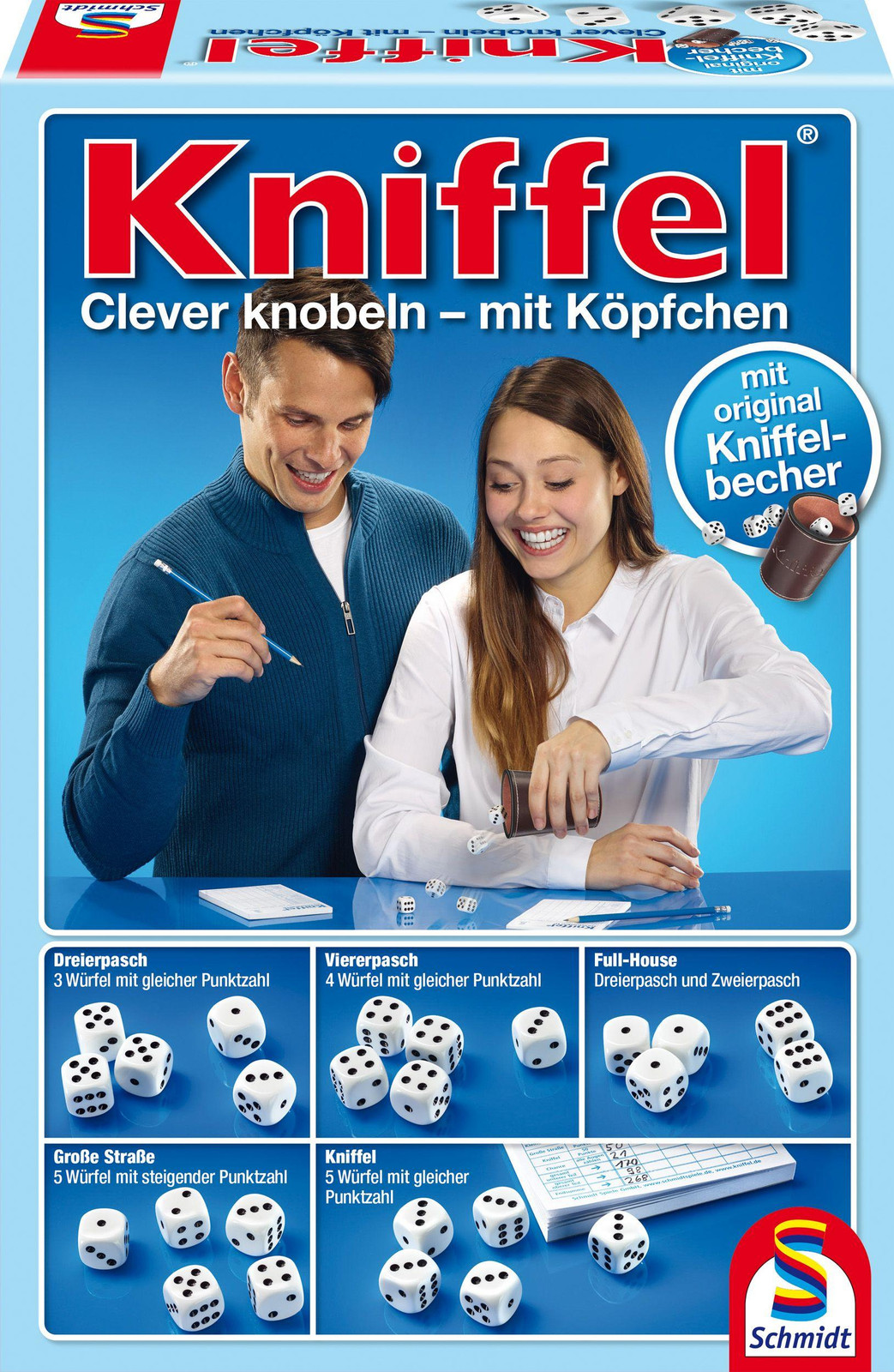 Schmidt Spiele Kniffel gezelschapsspel met lederen dobbelbeker