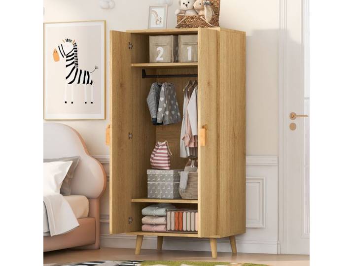 VUENOR Armoire de chambre 70x55x168 cm bois naturel – 2 tiroirs barre de penderie et pieds surélevés