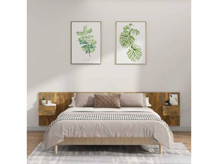 RJPLMFV Kopfteil mit Schränken, rauchfarbene Eiche Holzwerkstoff, Wanddesign, geräumige Aufbewahrung, Wandmontage