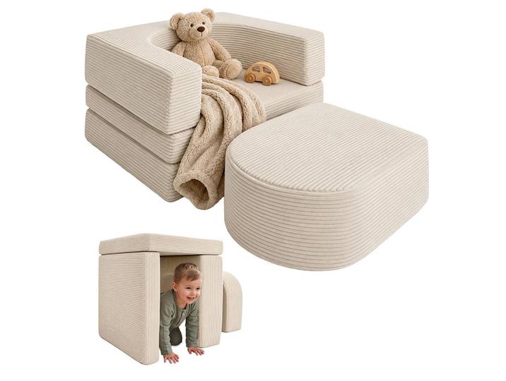 Relaxdays Kindersessel Beige 4-tlg. modular Cord, Kunststoff, Textil, 65x40x65 cm, Baby- und Kindermöbel, Babyzimmer, Kindersessel & Kindertische