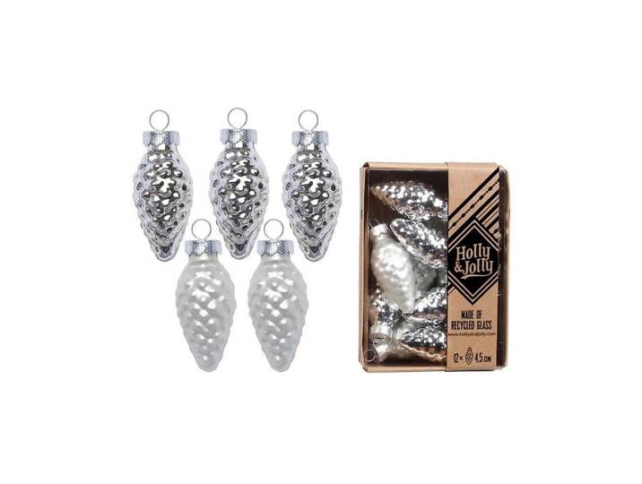 Christbaumschmuck Holly & Jolly Tannenzapfen Elegant Lounge, 12 Stück , silber, H:4,5cm, Weihnachtsbaumschmuck, Christbaumschmuck