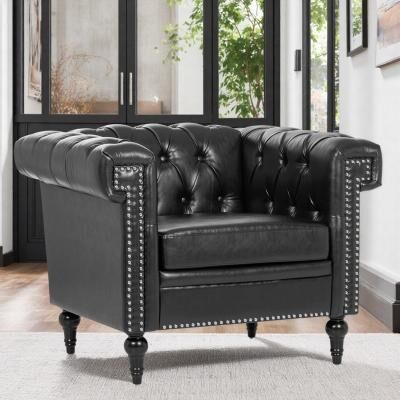 "38.98"" PU Sofa Chair with Cotton High-Density Filling and Quilting Process and Gourd-Shaped Birch Legs"
