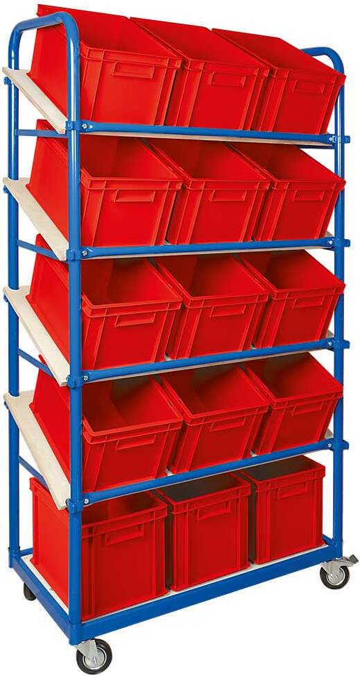 Schrägboden-Regalwagen mit 5 Ebenen, 4 Lenkrollen, bestückt mit 15 Euroboxen 400x300x235 mm rot