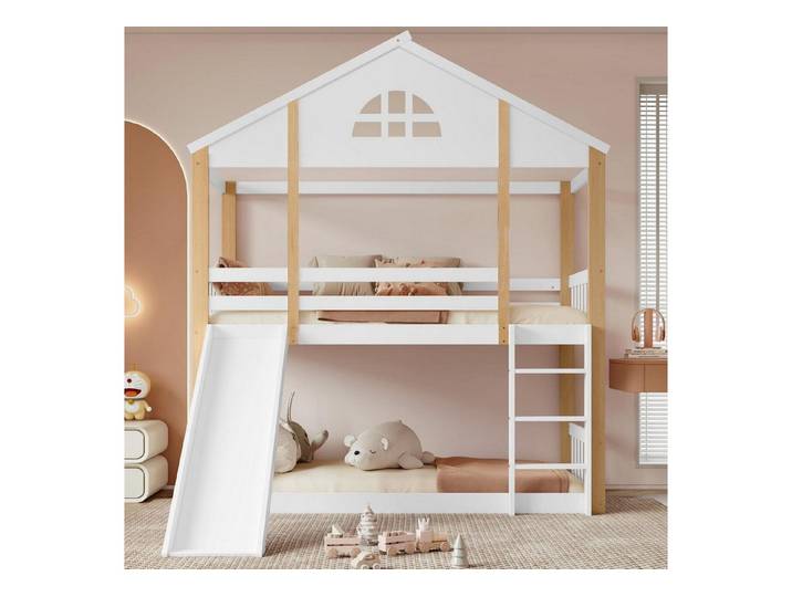 LuxusKollektion Hausbett Kinderbett 90x200 Hausbett mit Rutsche weiss/natur