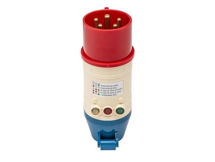 Testboy TV 432 CEE-adapter met draaiveldrichting weergave (onbreekbare PE-behuizing, te combineren met Testavit Schuki 1A, 2K en 3A, fasevolgorde-indicator), rood/wit/blauw