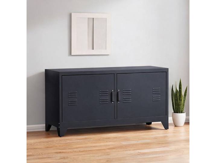 Meuble TV acier noir 4 rangements 119 cm design industriel passe-câbles