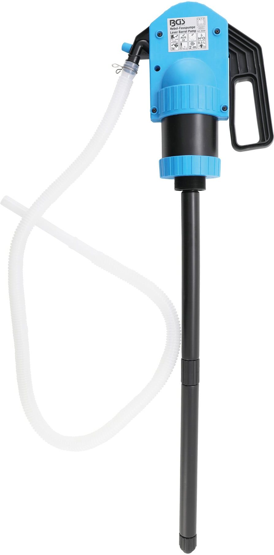 BGS technic Hebel-Fasspumpe für Harnstoff (AUS32), aus Polypropylen, mit 2 m Schlauch und Zapfpistole, Fördermenge ca. 0,3 l/Hub, 4026947019990 (8332)