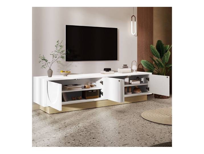 HAUSS SPOLE TV-Schrank mit Holzmaserung Minimalistisches Kurvendesign, Ausreichender Stauraum (Fernsehschrank, TV-Board, 1-St., Kabelmanagement, Ausreichender Stauraum) mit Holzoptik an der Basis