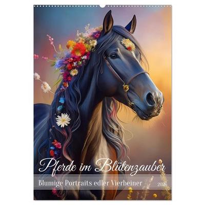 Pferde im Blütenzauber – Blumige Portraits edler Vierbeiner (Wandkalender 2026 DIN A2 hoch), CALVENDO Monatskalender