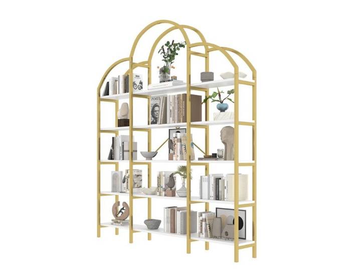 Étagère Meuble Or&Blanc 5 Niveaux (170x26x190cm) Style Épuré Tubes Acier & MDF Forme Nuage Originale Facile À Monter & Nettoyer