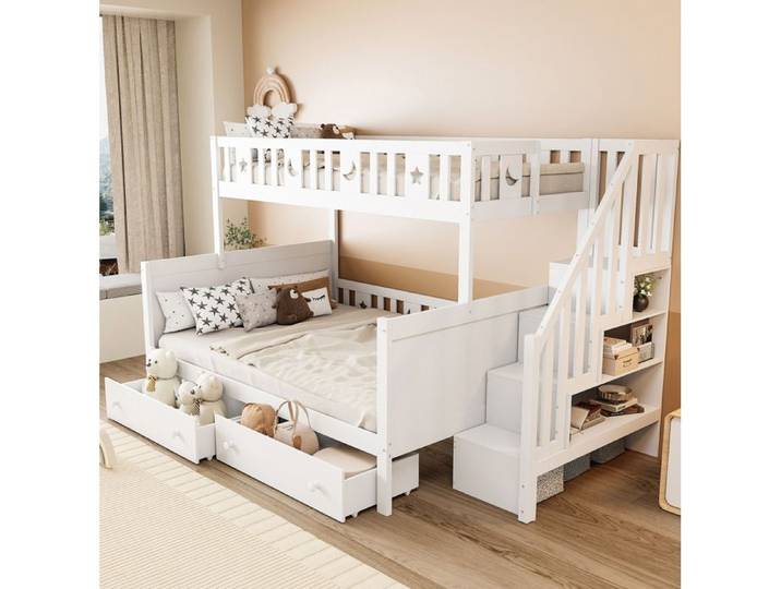 Lit superposé enfant blanc 252 x 145 x 160 cm escalier de sécurité 2 tiroirs sommier à lattes inclus